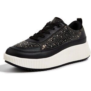 Brand New Women Black Synthetic Rubber Rhinestone Platform Chunky Sneakers